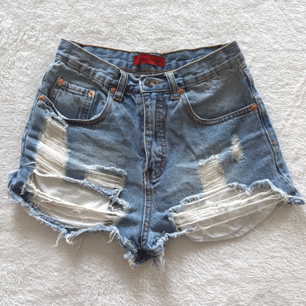 Signature8 Y2K‎ Distressed Denim Shorts Small Raw Hem Festival Grunge Boho